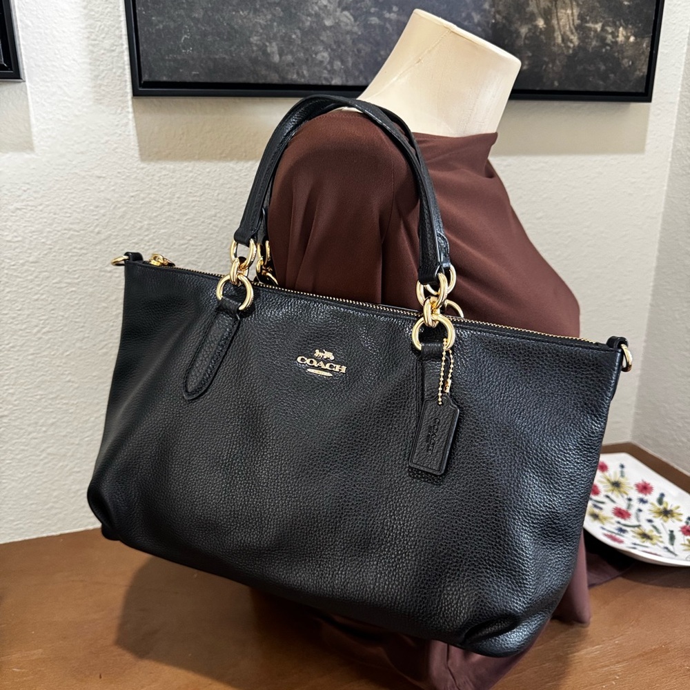 Coach Black Leather Shoulder Bag with Gold Accents